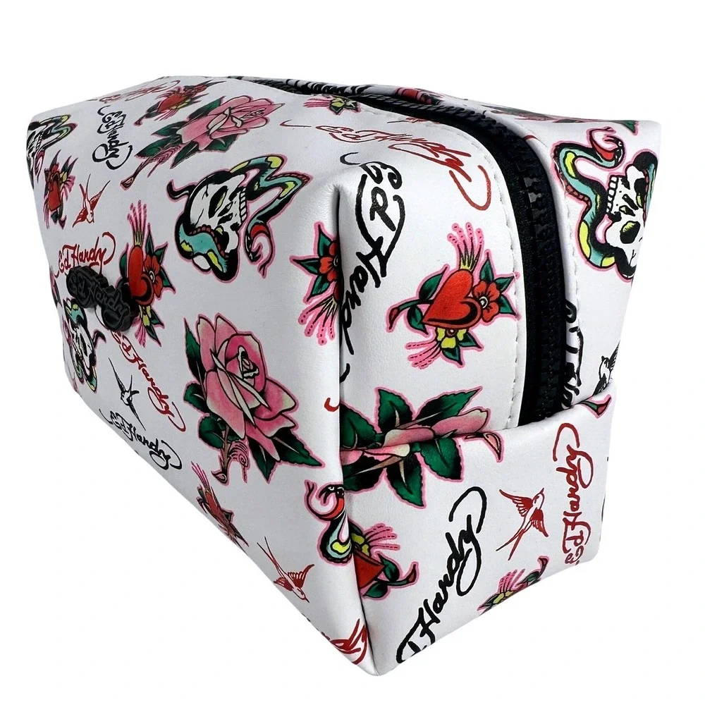 Ed Hardy Loaf Style Cosmetic Bag White Tattoo Print Vegan Leather Makeup Pouch
